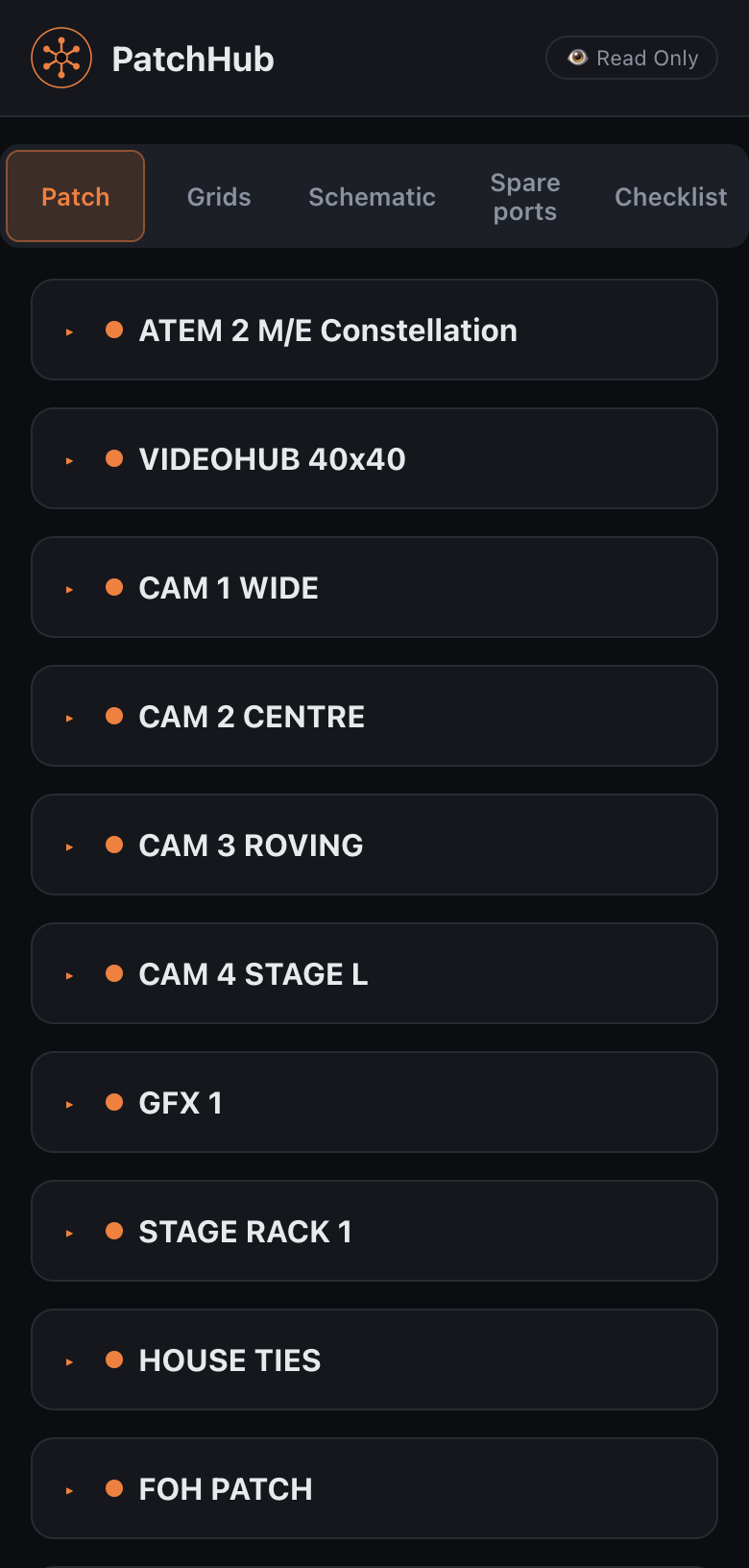 Public View on a phone: the whole rig listed read-only, with patch grids, schematic, spare ports and the checklist