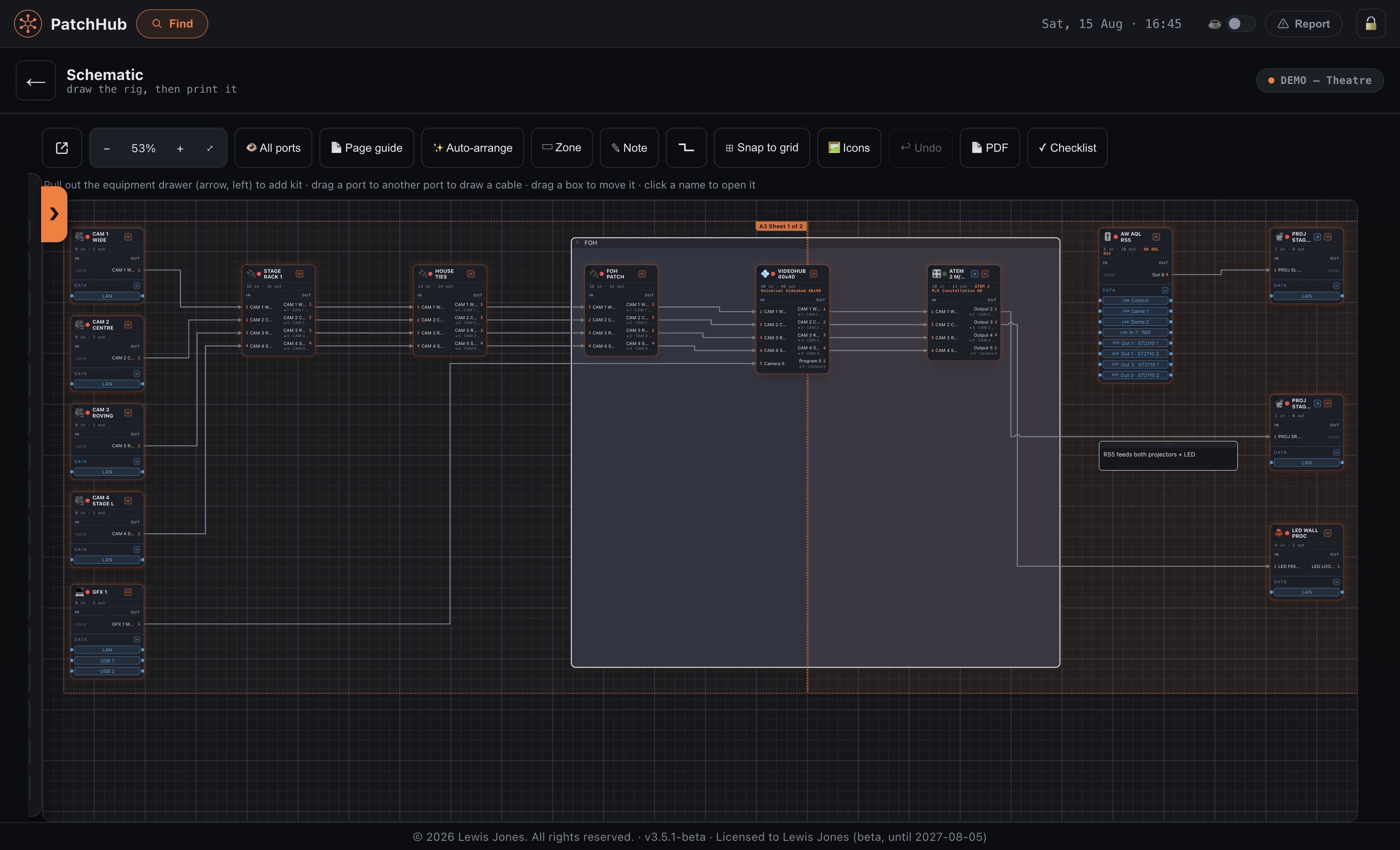 A theatre rig drawn in PatchHub: four cameras through a stage rack, house ties and FOH patch into a Videohub 40x40, then an ATEM 2 M/E, out to an Aquilon RS5, two projectors and an LED processor